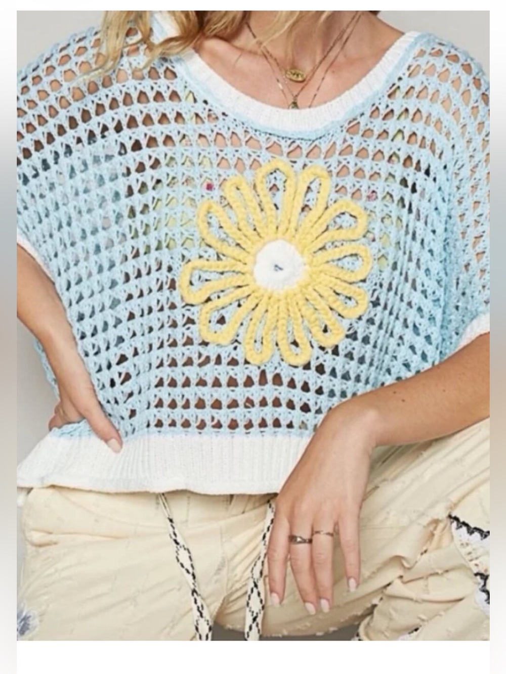 POL Light Blue Open-Knit Sweater Top with Yellow Daisy